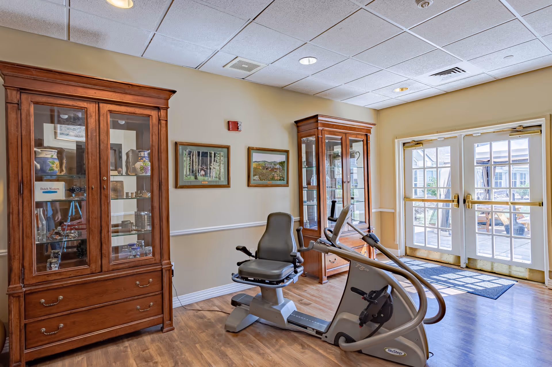 A bright room with wooden flooring featuring a NuStep exercise machine in the center. Two wooden display cabinets with glass doors are positioned against the walls, containing various decorative items. Two framed landscape paintings hang on the wall between the cabinets. Double glass doors lead outside, allowing natural light to fill the room.