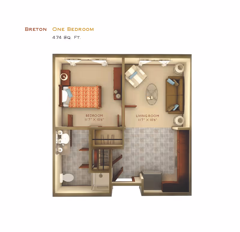Floor plan of a one-bedroom apartment named Breton with a total area of 474 square feet. The layout includes a bedroom measuring 11 feet 7 inches by 10 feet 6 inches, a living room of the same size, a bathroom with a sink and toilet, and a kitchen area with cabinetry and appliances.