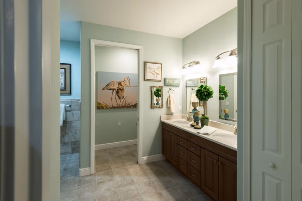 A bathroom with a double sink vanity featuring dark wood cabinets and two mirrors above. The walls are painted light green, and there are decorative items including a small potted plant and framed artwork. The bathroom floor is tiled, and a doorway leads to another room with a large bird painting on the wall.