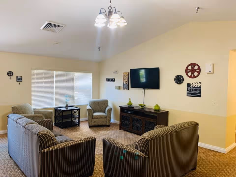 A cozy living room with two striped sofas and two armchairs arranged around a small black side table. A flat-screen TV is mounted on the wall above a wooden cabinet with decorative green vases. The walls are decorated with film-themed items including reels and a clapperboard. A window with closed blinds lets in natural light.
