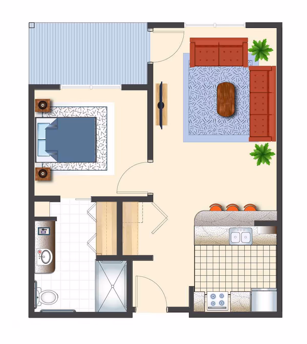 Floor plan of a one-bedroom apartment featuring a bedroom with a bed and two nightstands, a bathroom with a sink, toilet, and shower, a living room with two sofas, a coffee table, a TV, and two plants, and a kitchen with a stove, sink, refrigerator, and a counter with three bar stools. There is also a small outdoor balcony area.