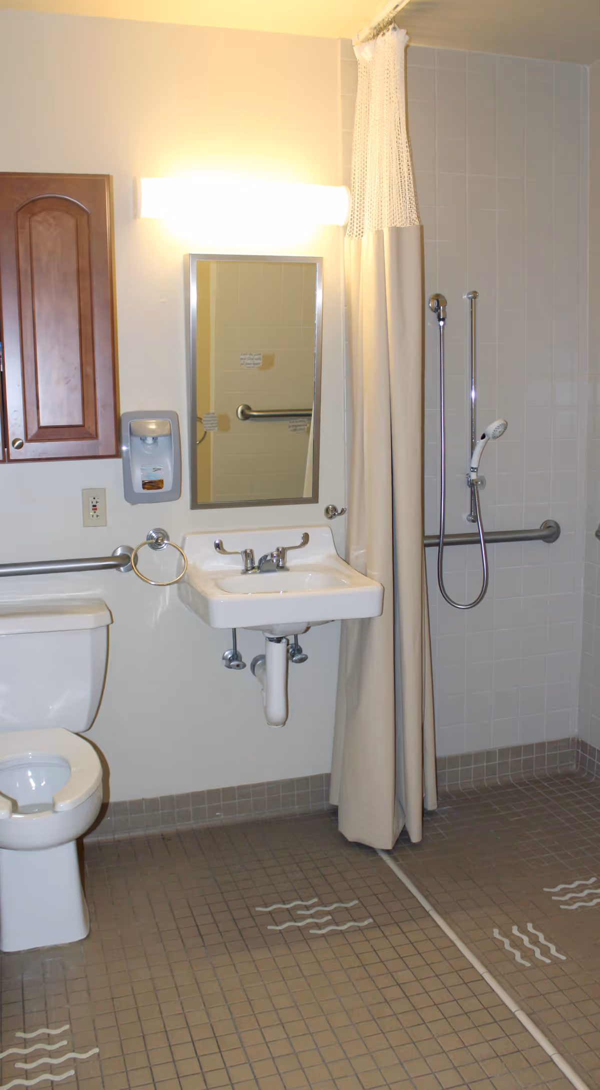 Accessible bathroom featuring a toilet, wall-mounted sink and mirror, a shower with curtain and handheld showerhead, and grab bars.