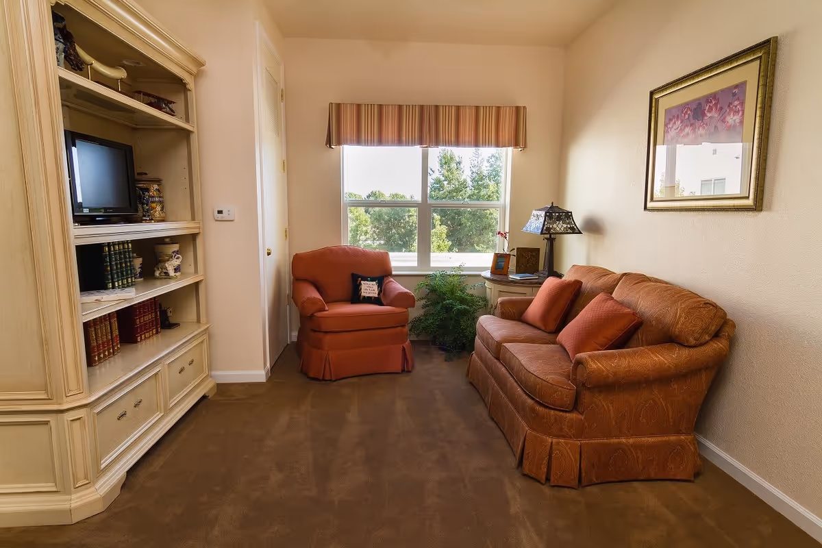 A cozy living room with a patterned orange sofa and matching armchair, a small side table with a lamp and framed photo, a large window with a striped valance showing greenery outside, and a cream-colored entertainment unit with books and a small TV.
