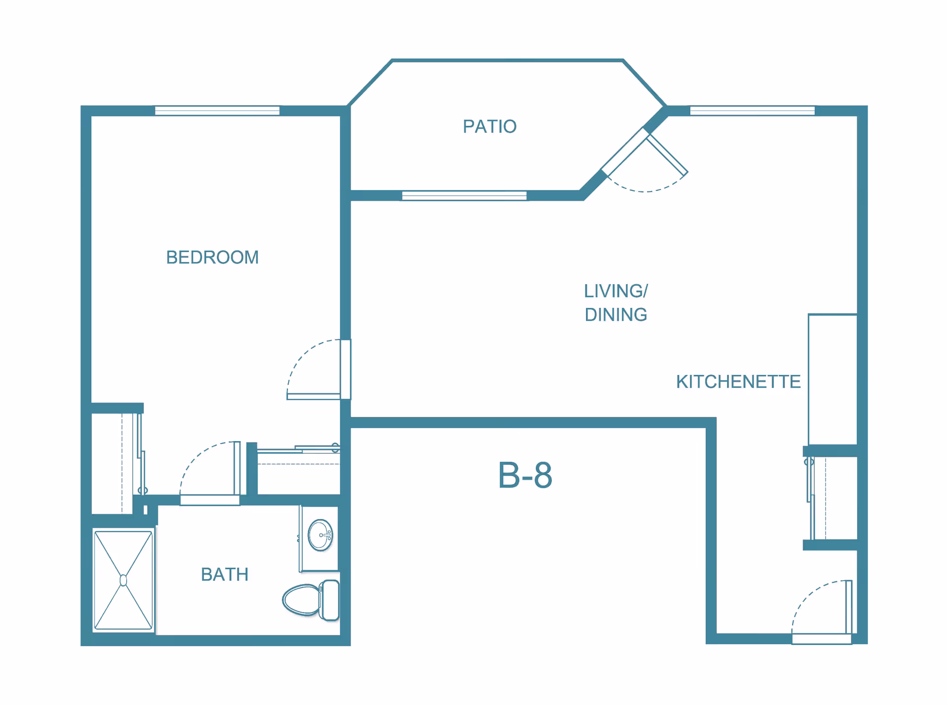 Floor plan of a senior living unit labeled B-8 showing a bedroom, bathroom, living/dining area with kitchenette, and a patio.