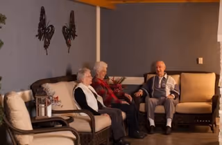 Three elderly individuals sitting and chatting on cushioned chairs in a cozy living room with blue walls decorated with butterfly wall art.