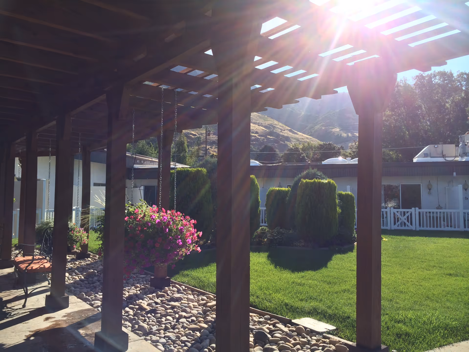 Sunlit pergola-covered patio with hanging flower baskets overlooking a green courtyard and single-story building.