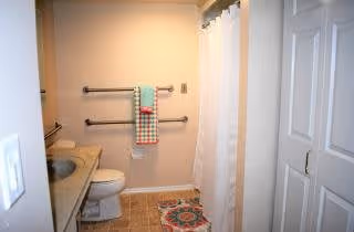 A small bathroom with a toilet, a sink with a countertop, a shower with a white curtain, and two towel bars on the wall holding colorful towels. The floor has a patterned rug, and there is a white door partially open on the right side.