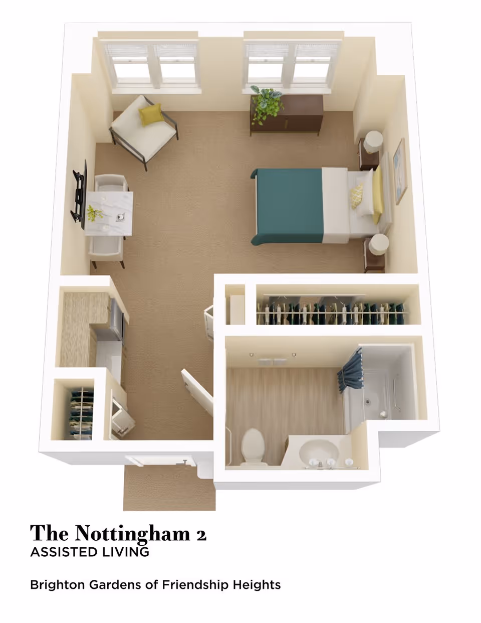 3D floor plan of an assisted living apartment named The Nottingham 2, showing a bedroom with a bed, two nightstands, a chair, a small table with two chairs, a dresser with a plant, a closet, a kitchenette, and a bathroom with a toilet, sink, and shower.