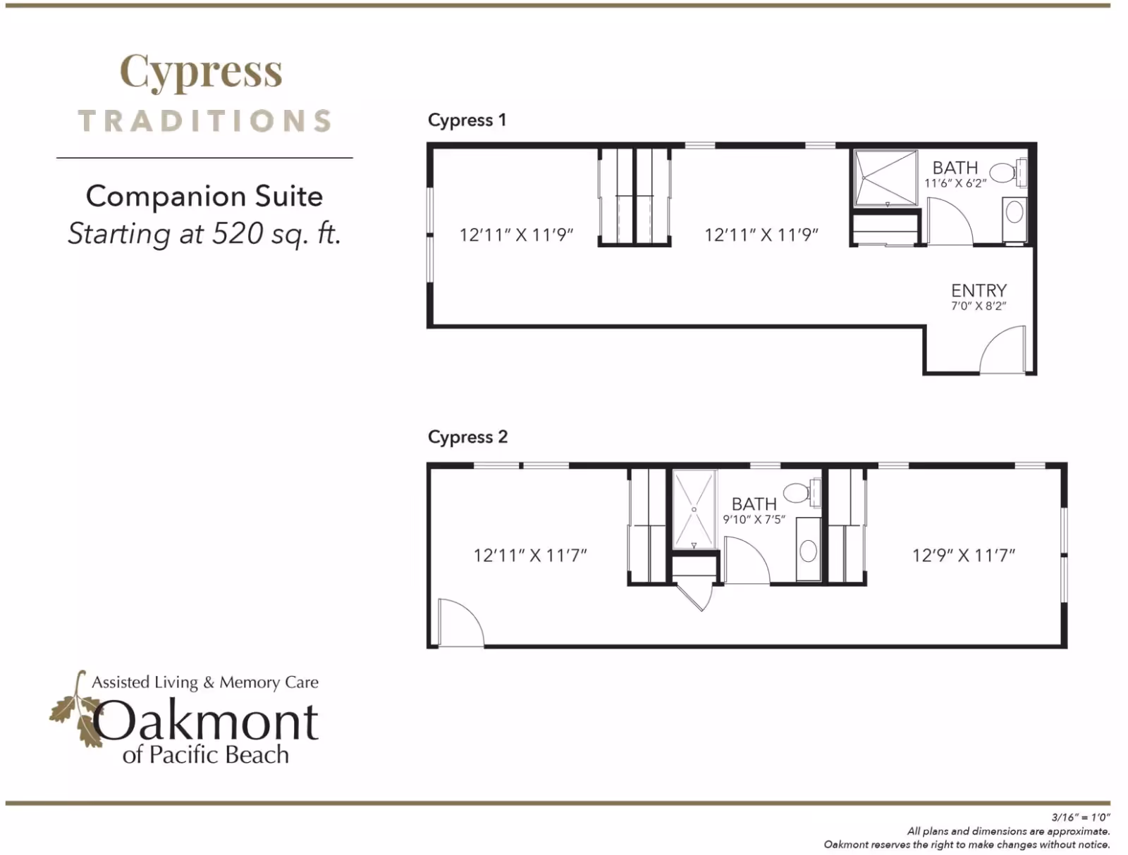 Floor plans for Cypress Traditions Companion Suite at Oakmont of Pacific Beach, showing two layout options named Cypress 1 and Cypress 2 with room dimensions and bathroom locations.