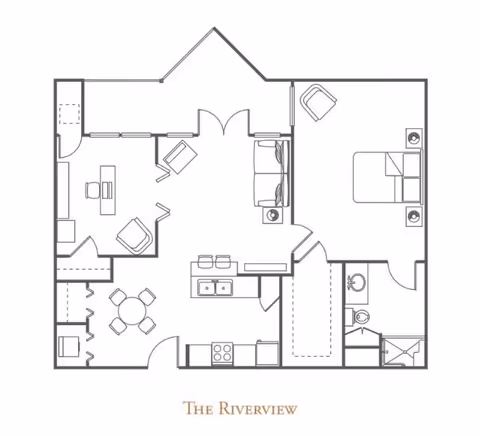Architectural floor plan of The Riverview unit at The Village of Tanglewood, showing a layout with a bedroom, bathroom, kitchen, dining area, living room, and an office space.