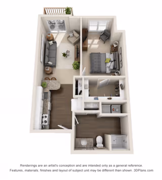 3D floor plan of a one-bedroom apartment featuring a living room with sofa and chairs, a kitchen with appliances and a breakfast bar, a bedroom with a bed and seating, a bathroom with a shower and toilet, and a small balcony accessible from the living room.