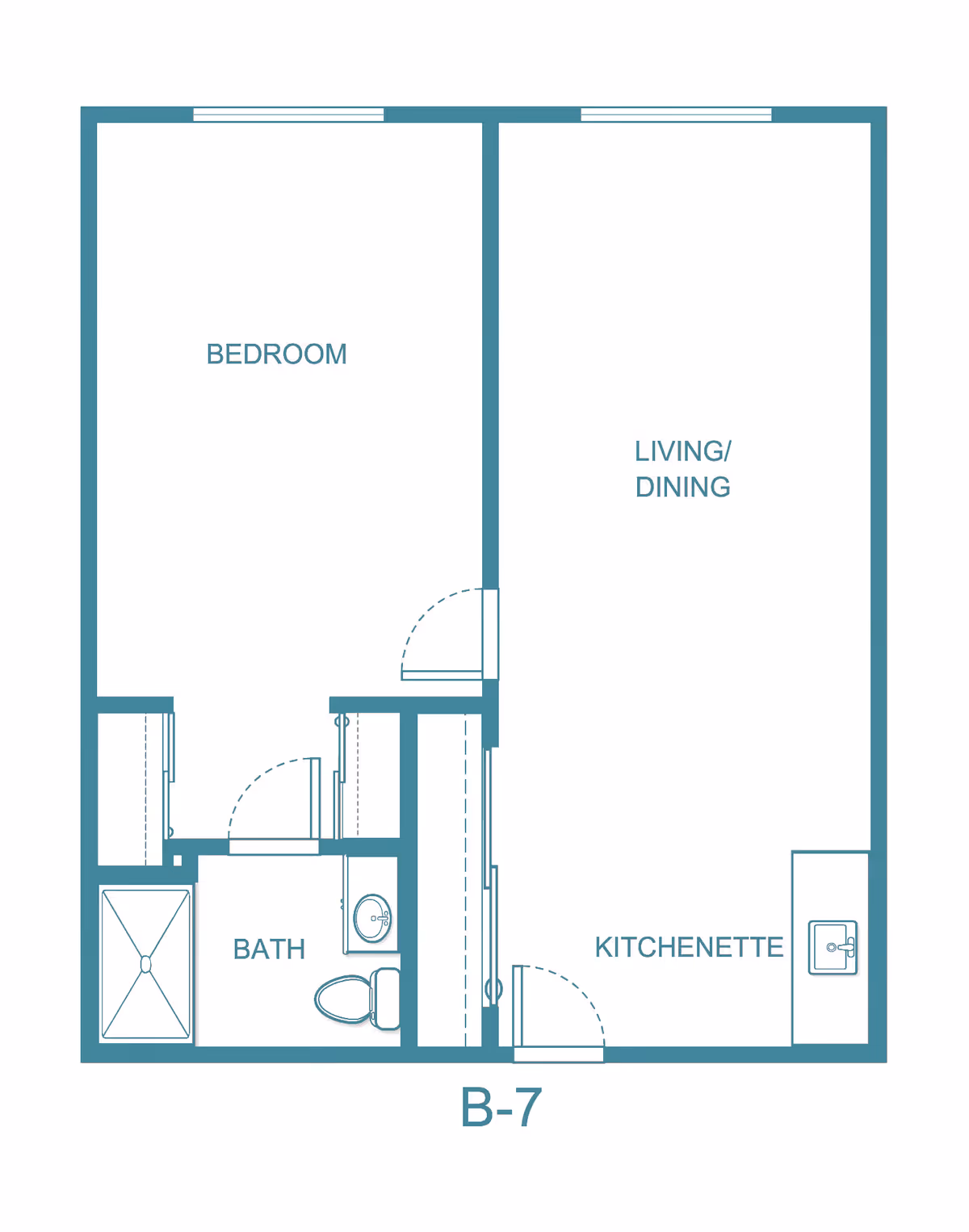 Floor plan layout of a one-bedroom unit labeled B-7 at Holiday Devonshire Estates, showing a bedroom, bath, kitchenette, and combined living/dining area.