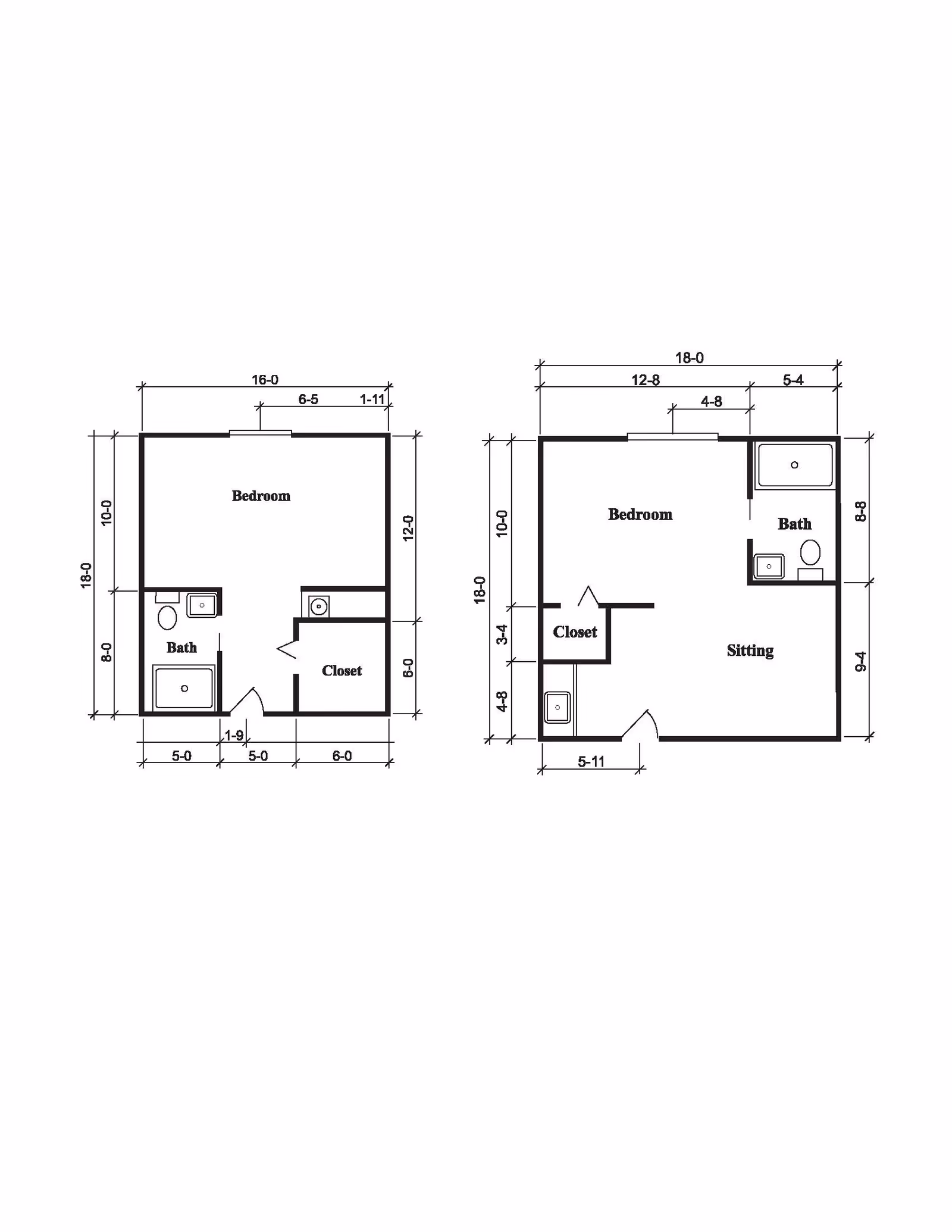 Architectural floor plan showing two different layouts of a living space. Each layout includes a bedroom, bathroom, and closet with dimensions marked in feet and inches.