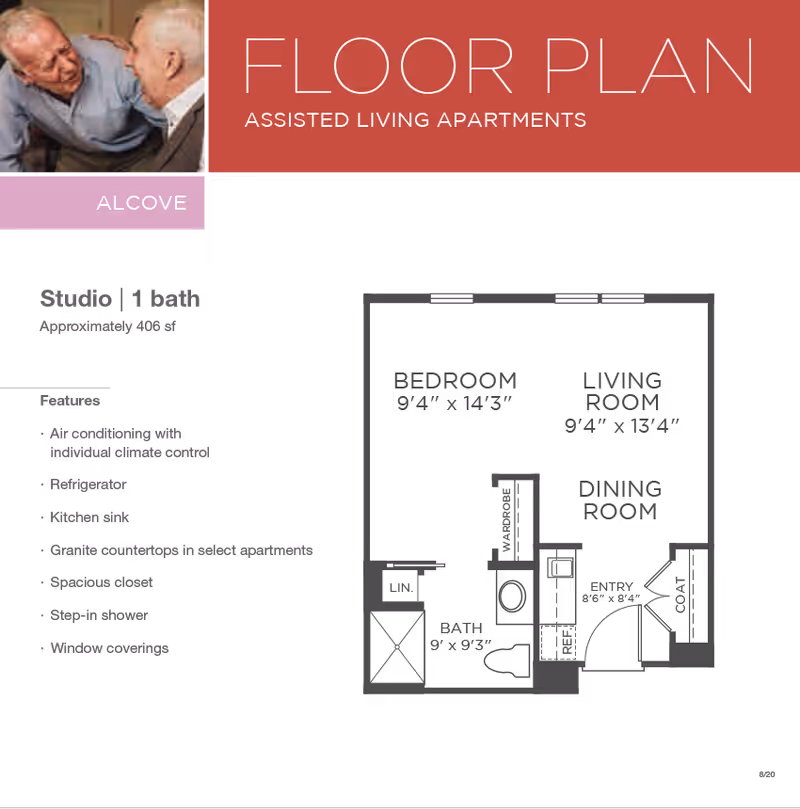 Brochure page titled 'Floor Plan — Assisted Living Apartments' showing a studio 1-bath description, features list, and a small photo of two older men.