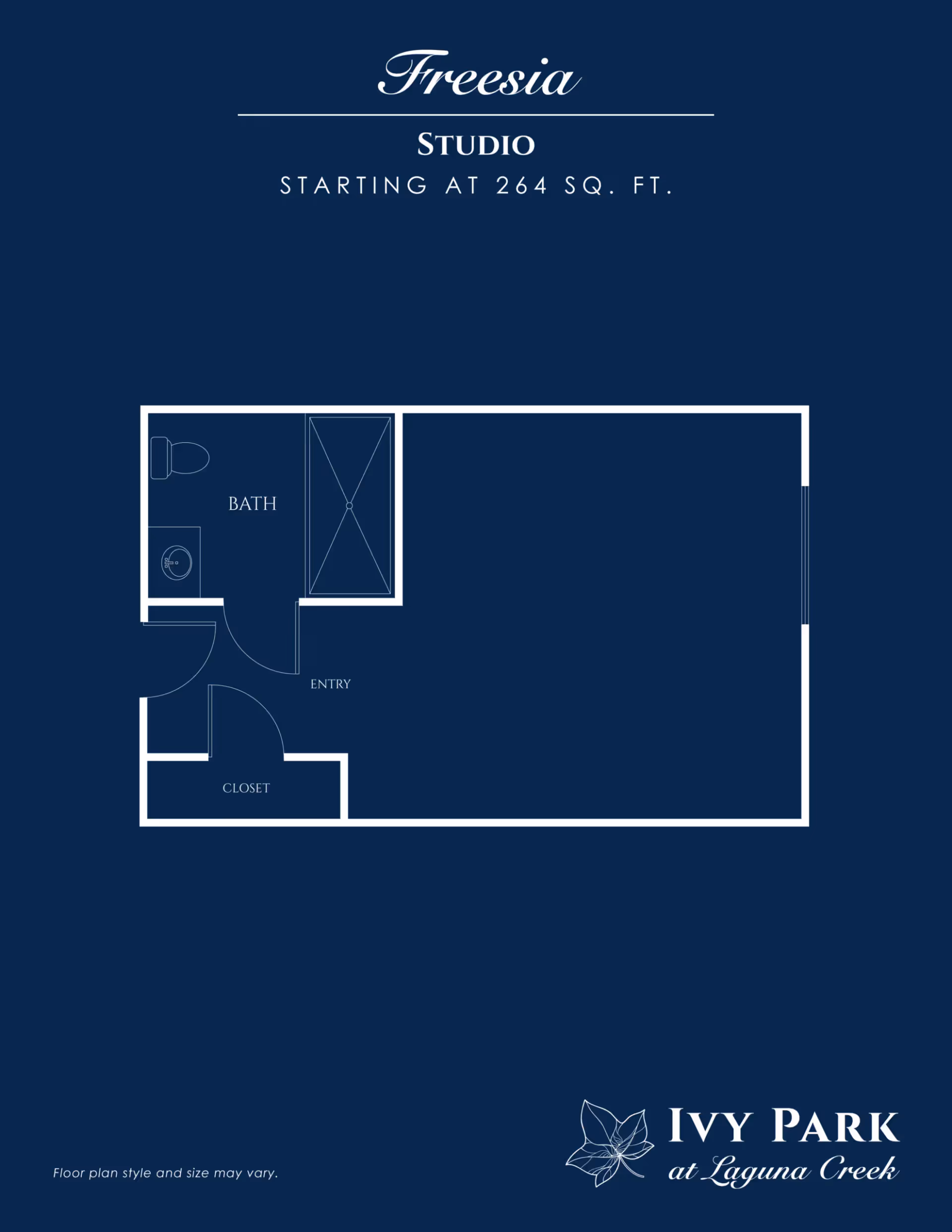 Blueprint-style studio floor plan titled 'Freesia' showing an entry, closet, bathroom and main living area.