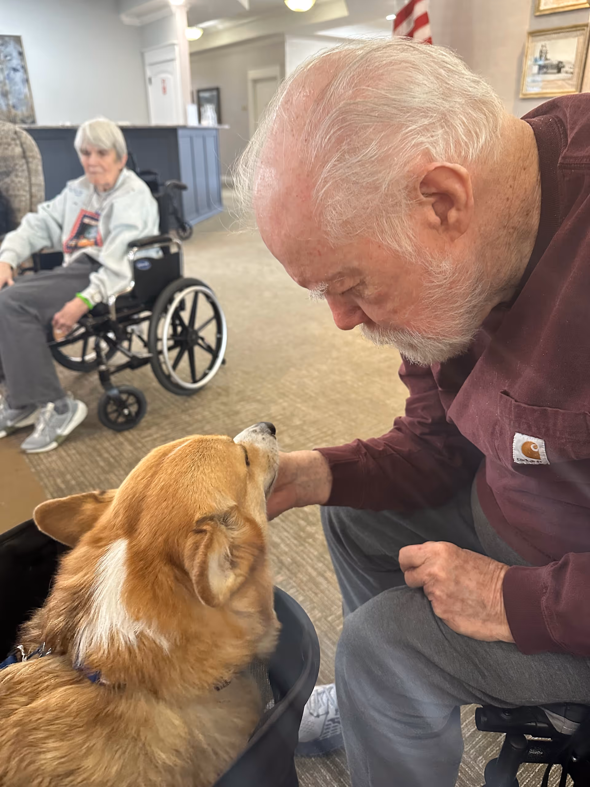 An elderly man sitting and gently petting a corgi dog while an elderly woman in a wheelchair looks on in the background inside a senior living facility.
