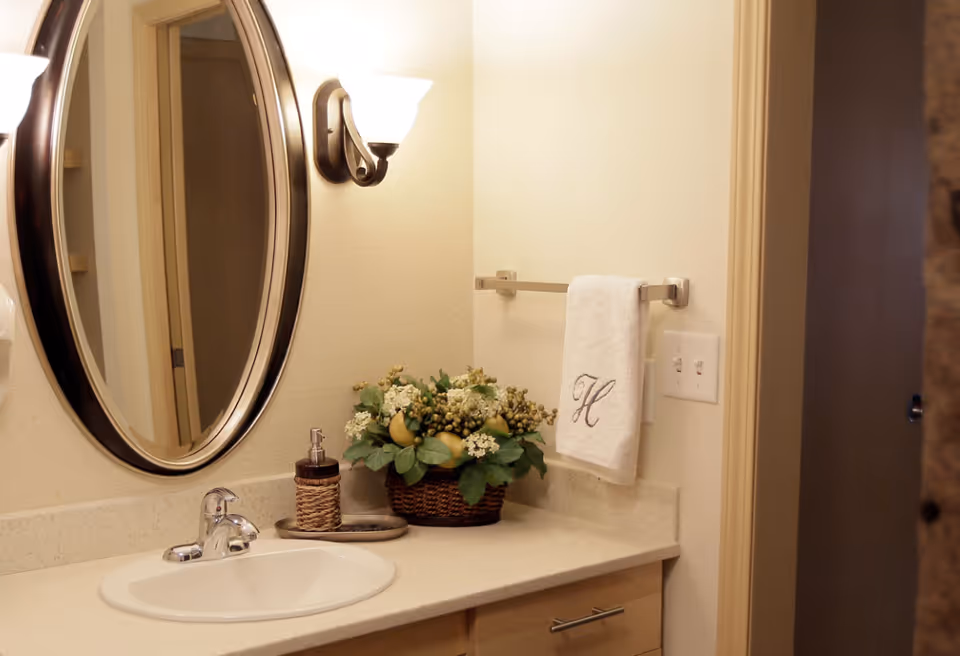 A bathroom countertop with a white sink, a soap dispenser, and a decorative basket with green and white flowers. Above the countertop is an oval mirror and a wall-mounted light fixture. A white hand towel with the letter 'H' embroidered hangs on a towel rack next to a light switch.