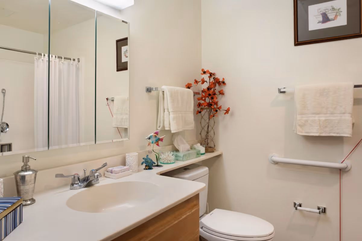 A clean bathroom with a white sink and countertop, a silver soap dispenser, a large mirror above the sink, a toilet with a shelf above it holding decorative items including a colorful fish figurine and a plant with orange leaves. There are two towel racks with white towels, a grab bar next to the toilet, and a shower with a white curtain visible in the mirror.