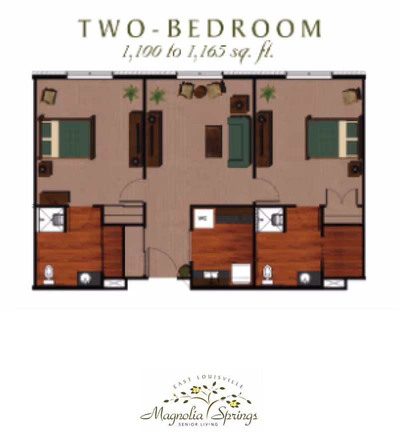 Floor plan of a two-bedroom apartment with an area between 1,100 to 1,165 square feet. The layout includes two bedrooms, two bathrooms, a living area with seating, and a kitchen area. The plan is labeled with Magnolia Springs East Louisville senior living logo at the bottom.