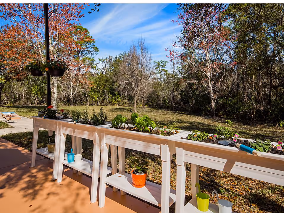 Raised white planter tables with potted plants and gardening tools on a patio overlooking a grassy, tree-lined yard.