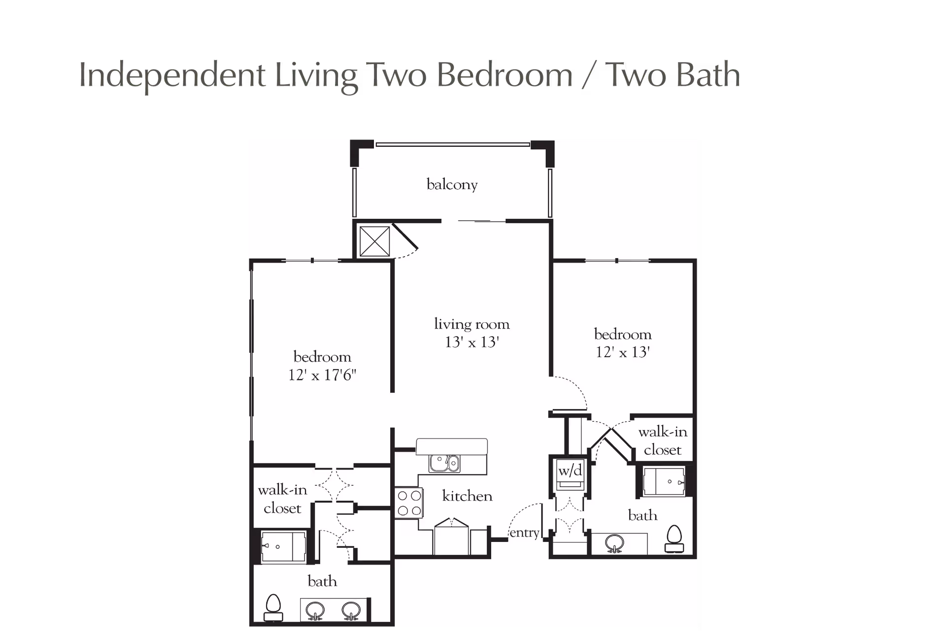 Floor plan of an independent living two bedroom, two bath apartment featuring a balcony, living room, kitchen, two bedrooms each with a walk-in closet, two bathrooms, and a washer/dryer area near the entry.