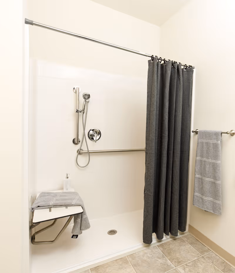 Walk-in shower with a fold-down seat, handheld showerhead, horizontal grab bar and a dark shower curtain.