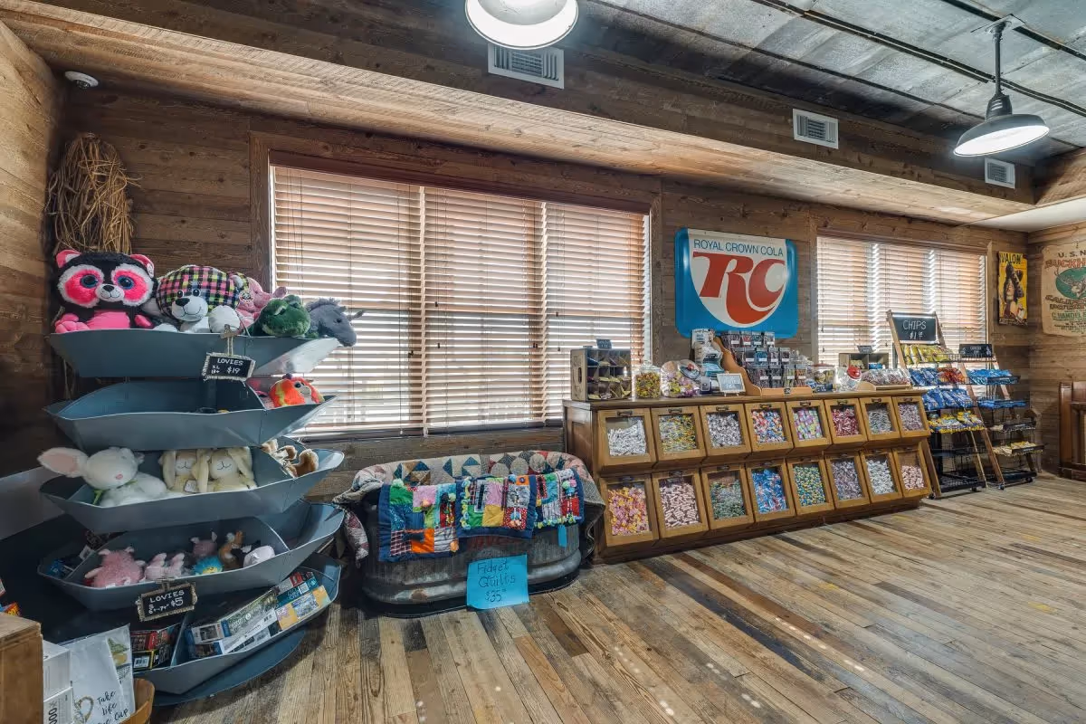 Interior of a rustic store or gift shop with wooden floors and walls. On the left, there is a multi-tiered display stand holding various stuffed animals. In the center, a couch is covered with colorful patchwork quilts. To the right, a large wooden display case holds numerous bins filled with different types of candy. Above the candy display, there is a vintage Royal Crown Cola sign on the wall. Additional snack racks and vintage posters are visible on the right side of the room. Large windows with wooden blinds allow natural light to fill the space.