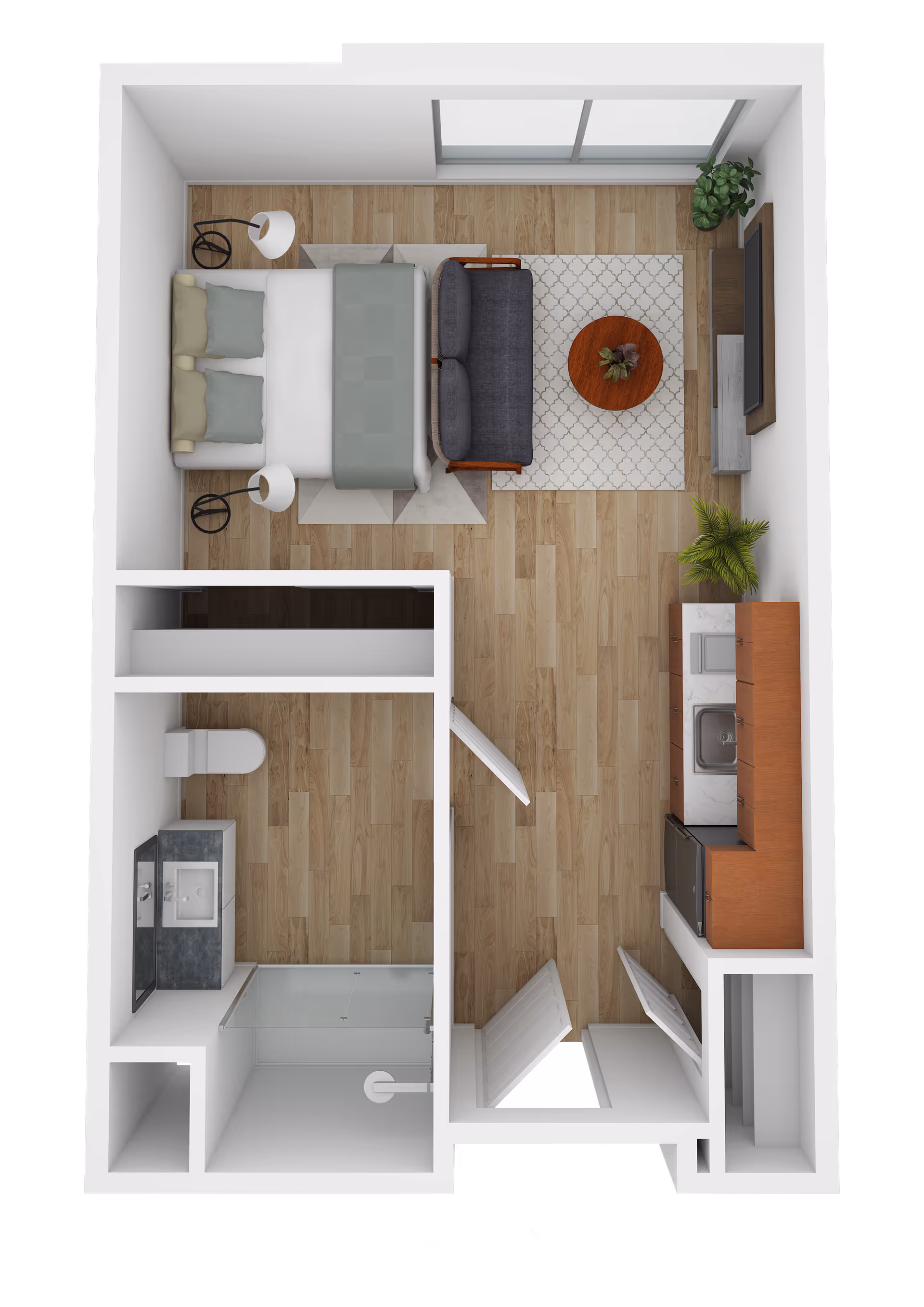 Top-down view of a studio apartment floor plan featuring a sleeping area with a bed and two side tables with lamps, a small living area with a couch, coffee table, and TV, a kitchenette with cabinets, sink, and refrigerator, and a bathroom with a toilet, sink, and shower.