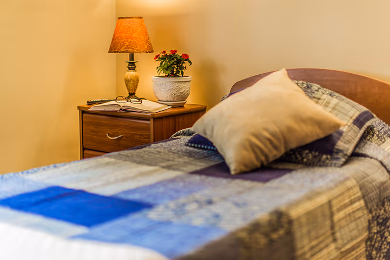 A neatly made single bed with a patchwork quilt and a beige pillow, next to a wooden nightstand with a decorative lamp, a potted plant with red flowers, an open book, and a pair of glasses.