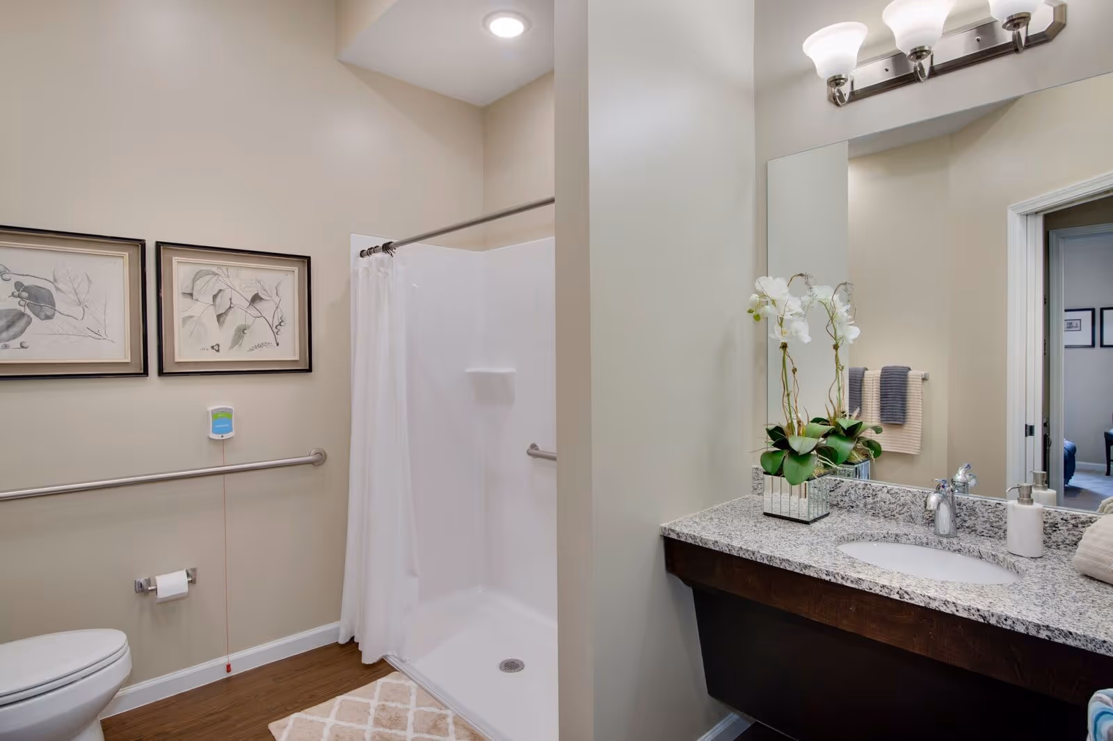 A clean and modern bathroom featuring a walk-in shower with a white curtain, a toilet with a grab bar and toilet paper holder, two framed botanical prints on the wall, and a vanity with a granite countertop, a sink, a soap dispenser, a potted orchid plant, and a large mirror with three light fixtures above it.