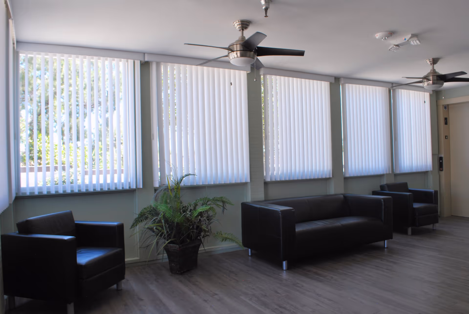 A modern waiting or lounge area with three black leather seats, two armchairs and one sofa, positioned along a wall with large windows covered by vertical blinds. Two ceiling fans with lights are mounted on the ceiling, and a potted plant is placed near the windows. The floor is wood-style laminate.