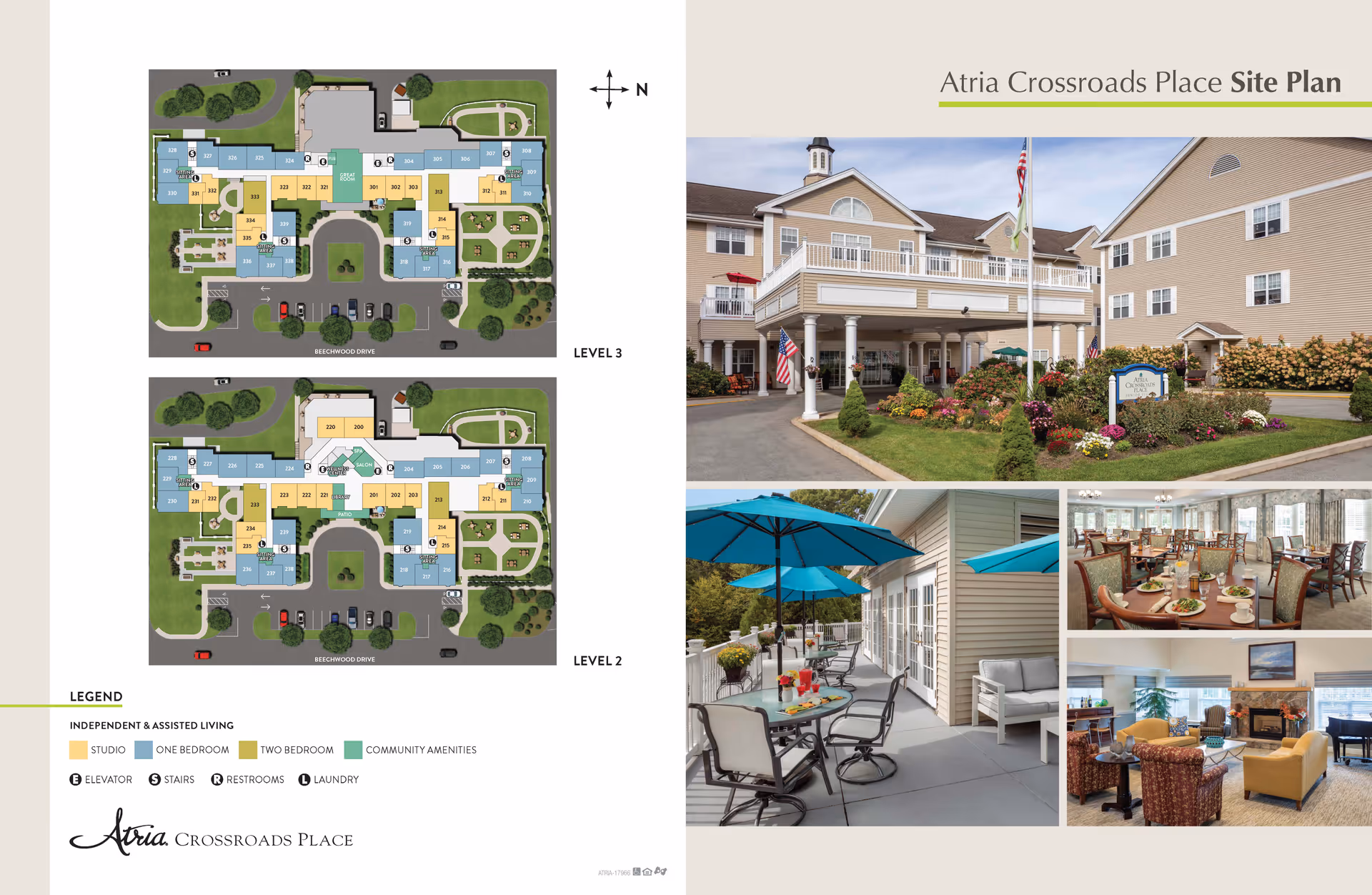 Atria Crossroads Place site plan showing floor layouts for Level 2 and Level 3 with color-coded areas for studio, one-bedroom, two-bedroom, and community amenities. The right side features four images: the front exterior of the building with landscaping, an outdoor patio with tables and umbrellas, a dining room with set tables, and a living room with seating and a fireplace.