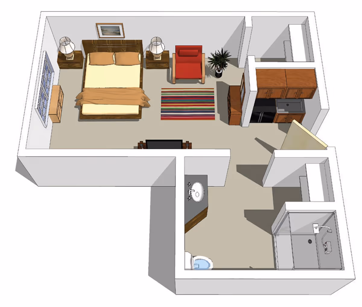 3D floor plan of a senior living studio apartment featuring a bedroom area with a bed, two nightstands with lamps, a red armchair, a colorful striped rug, a small kitchen with cabinets, a sink, and a refrigerator, and a bathroom with a toilet, sink, and shower.