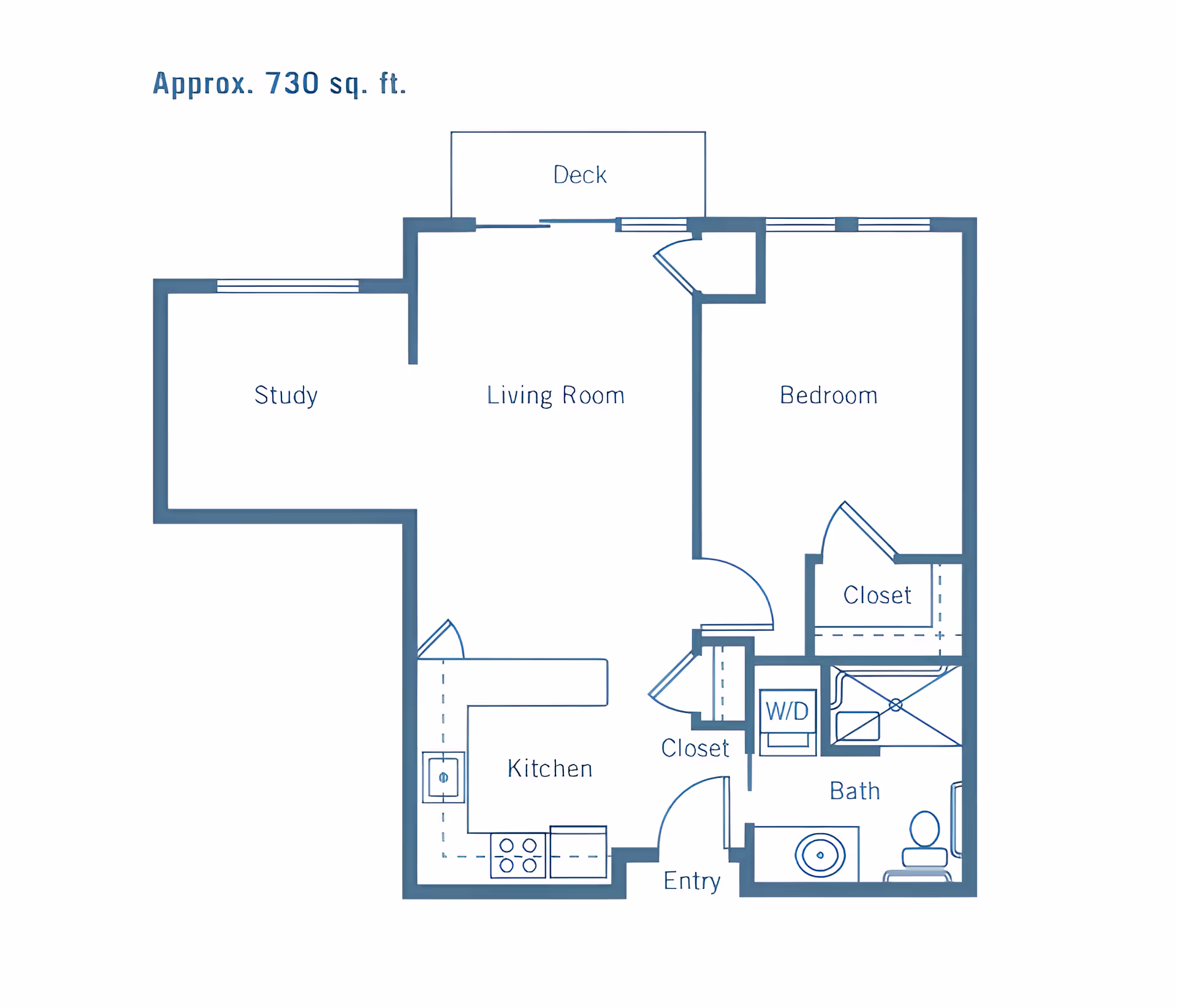 Floor plan of a residential unit approximately 730 square feet, featuring a study, living room with access to a deck, bedroom with closet, kitchen, bathroom with washer/dryer, and entry with closet.