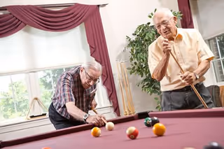 Two elderly men playing pool in a well-lit room with large windows and burgundy curtains. One man is aiming to strike the cue ball while the other watches and holds a pool cue. There is a plant and a chair in the background.