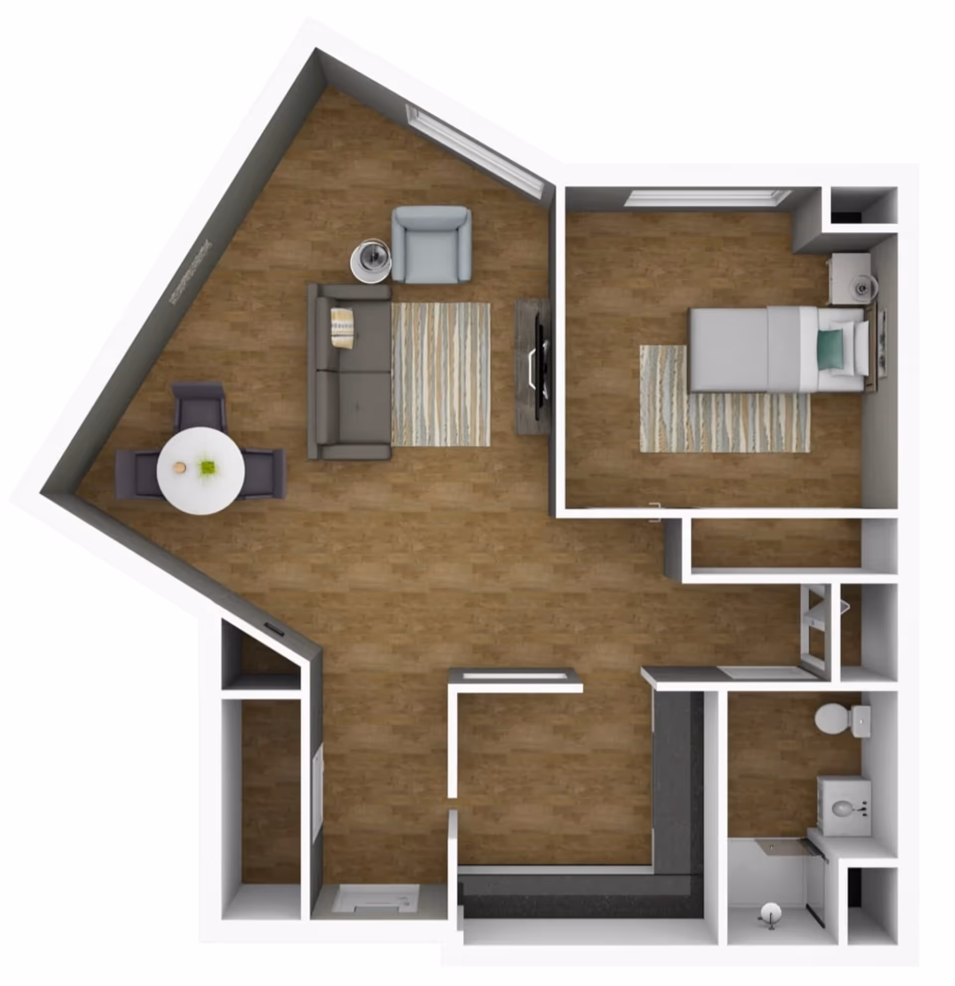 Top-down 3D floor plan of a one-bedroom apartment showing a living area with sofa and armchair, small dining table, bedroom, kitchen, and bathroom.