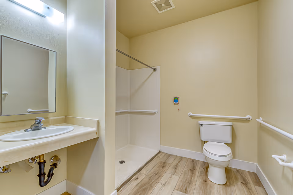 A clean and accessible bathroom with a white sink and countertop on the left, a mirror above the sink, a walk-in shower with grab bars in the center, and a toilet with grab bars on the right. The floor has light wood-style tiles and the walls are painted beige.