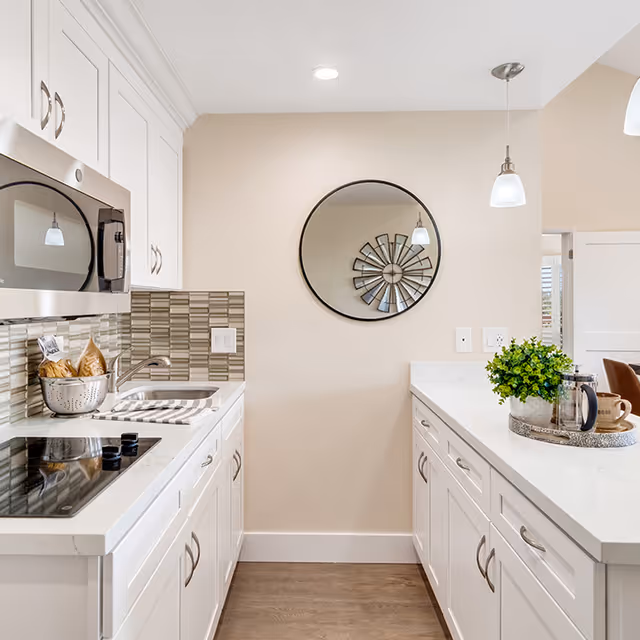 Bright galley kitchen with white cabinets, marble countertops, a stainless microwave and cooktop, a round wall mirror, and a small plant on the counter.