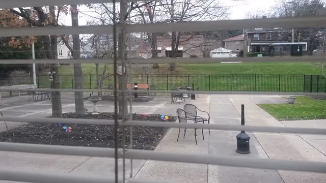 View through window blinds onto a patio with chairs, tables, trees, and a grassy lawn beyond.