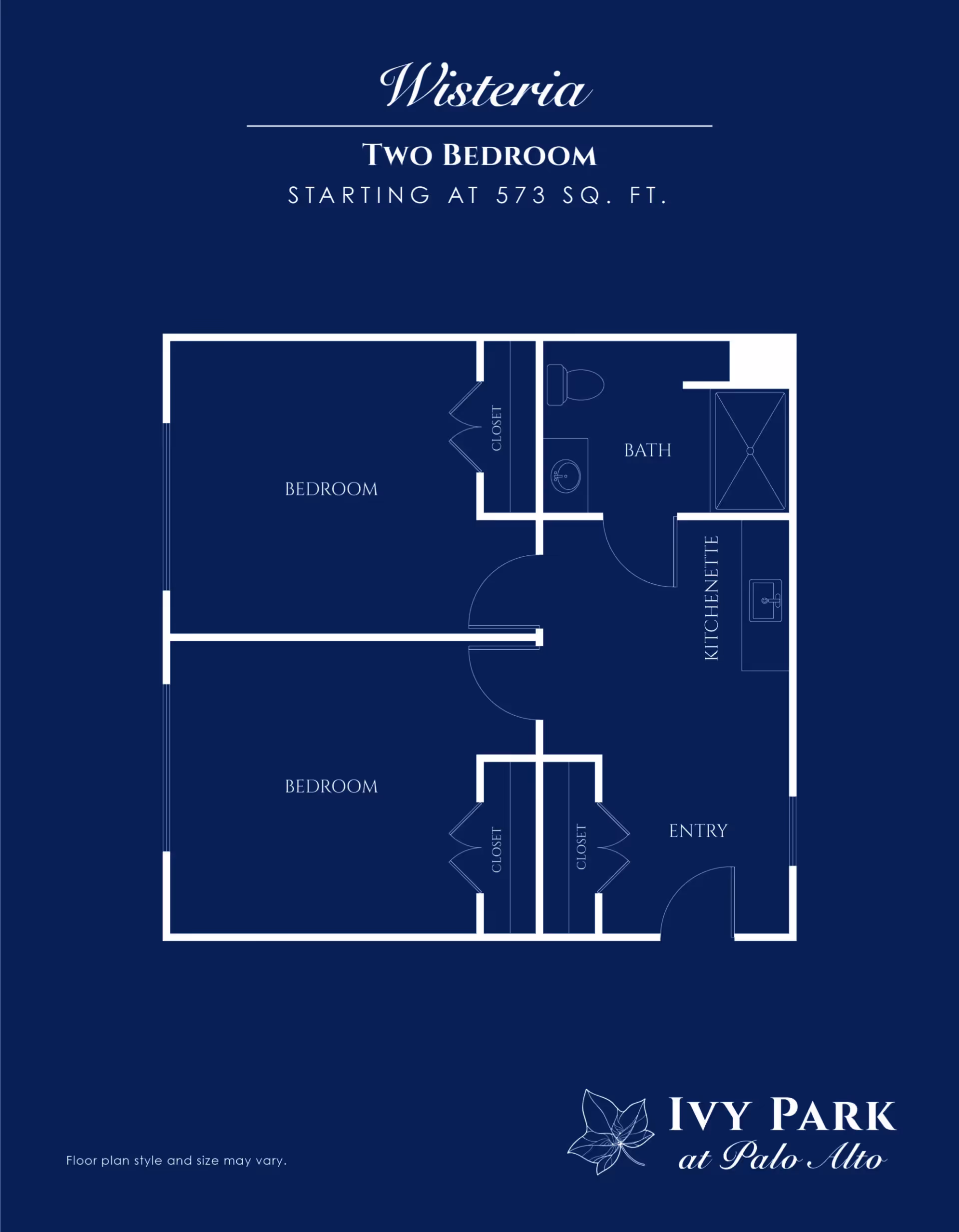 Floor plan layout titled 'Wisteria' showing a two-bedroom apartment starting at 573 square feet. The plan includes two bedrooms, a bath, a kitchenette, an entry area, and multiple closets. The layout is displayed on a dark blue background with white lines and text. The bottom right corner features the Ivy Park at Palo Alto logo.