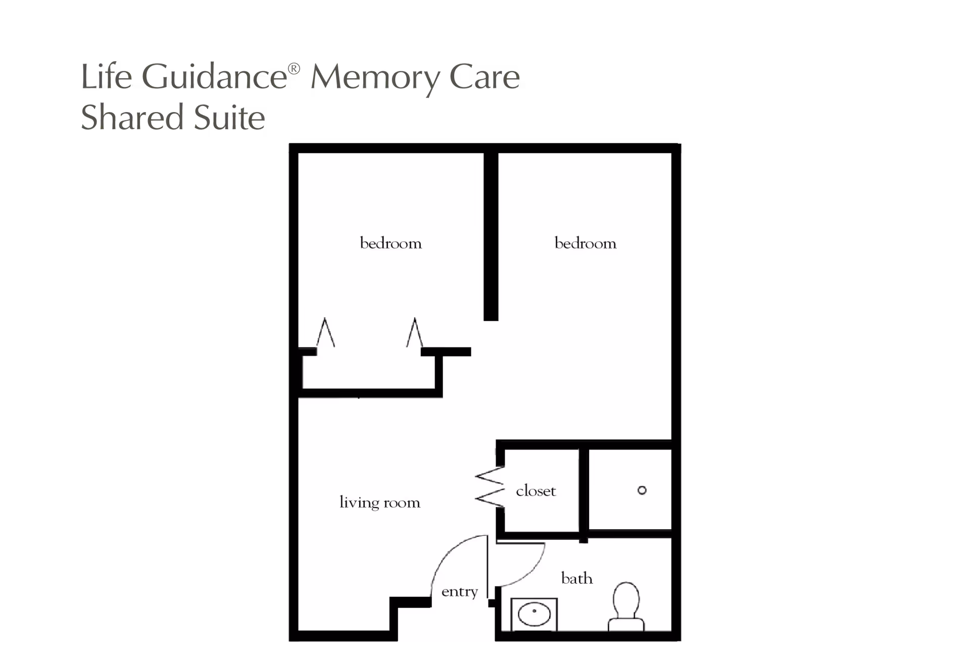 Floor plan of a Life Guidance Memory Care Shared Suite showing two bedrooms, a living room, an entry, a closet, and a bathroom with a sink and toilet.