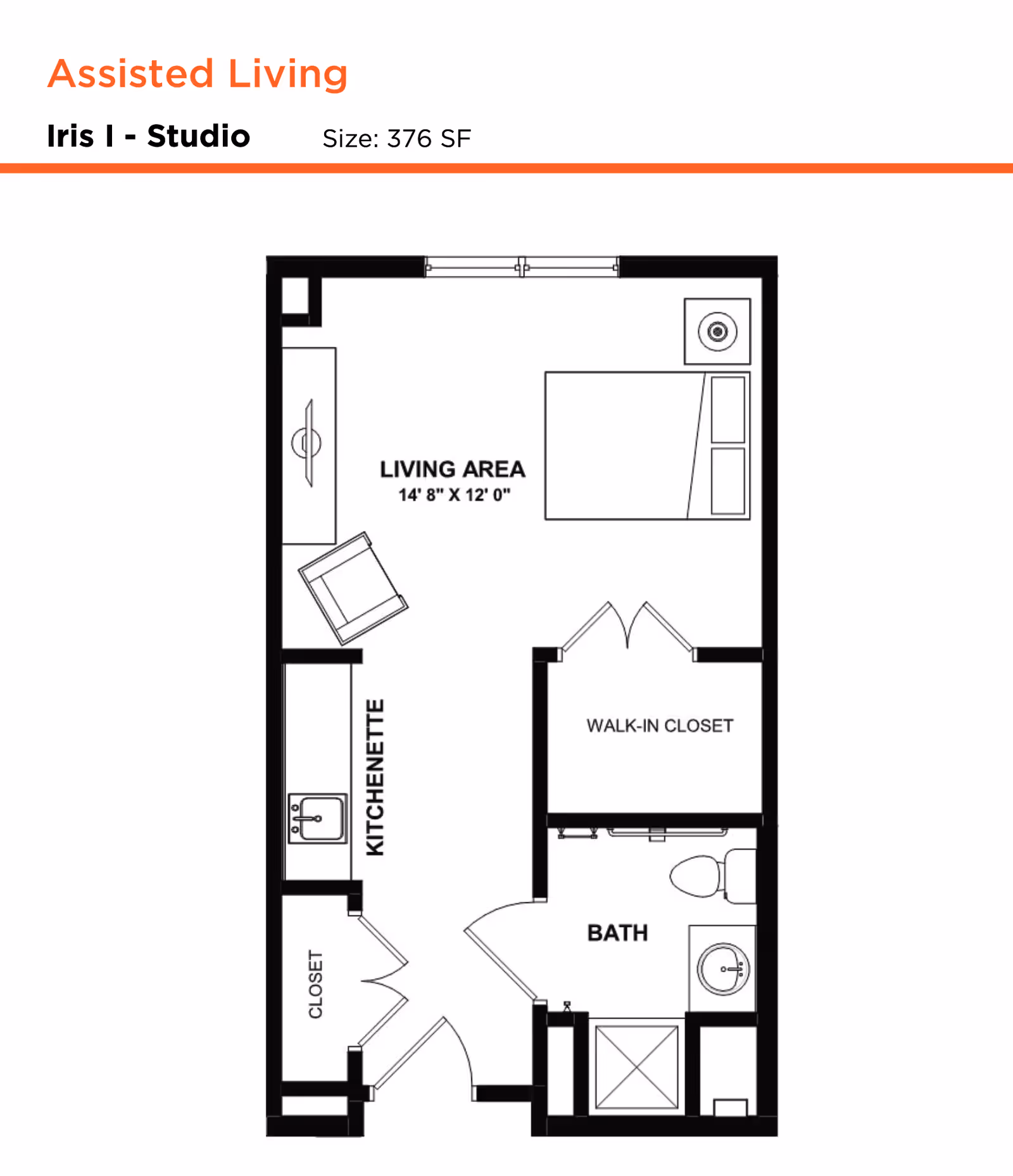 Floor plan of a studio assisted living unit named Iris I with a total size of 376 square feet. The layout includes a living area measuring 14 feet 8 inches by 12 feet, a kitchenette, a closet, a walk-in closet, and a bathroom with a shower, toilet, and sink.