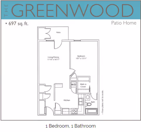 Floor plan of The Greenwood patio home showing a 697 square feet layout with 1 bedroom, 1 bathroom, a kitchen, living/dining area, walk-in closet, washer/dryer, and a patio.