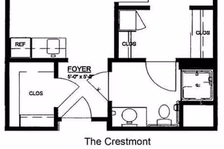 Black and white architectural floor plan labeled The Crestmont showing a layout with a foyer, closet, bathroom with toilet and shower, and a small kitchen area with a refrigerator.