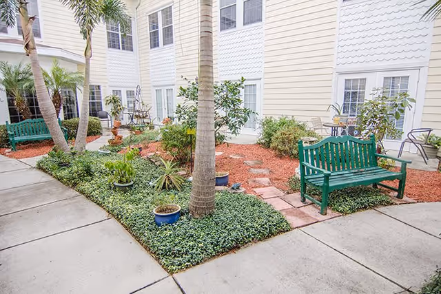 Outdoor courtyard area with a paved walkway, green benches, palm trees, various potted plants, and shrubs. The courtyard is surrounded by a light yellow building with multiple windows.