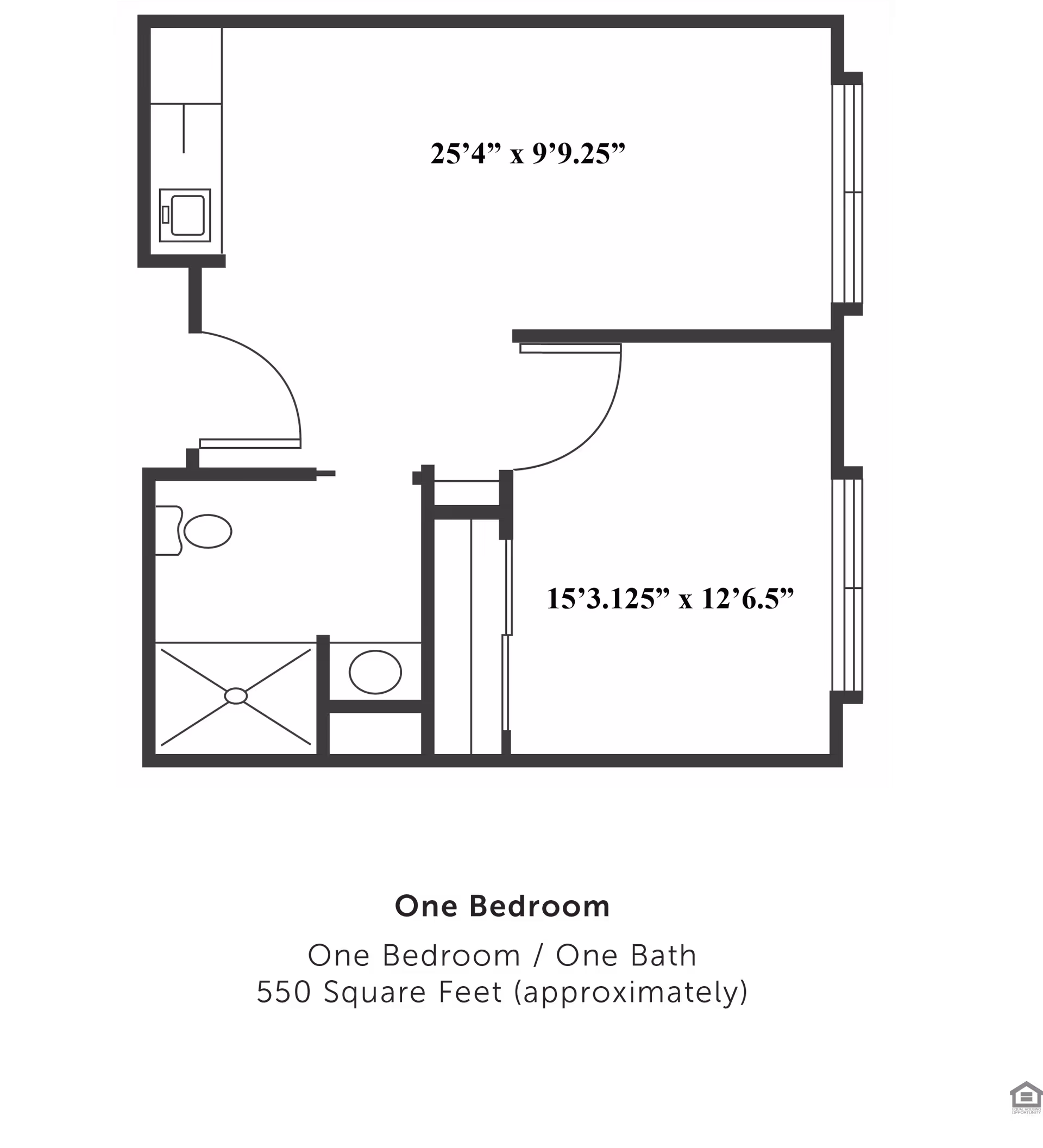 Floor plan of a one-bedroom, one-bath apartment approximately 550 square feet, showing dimensions of the living area and bedroom, along with bathroom and kitchen layout.