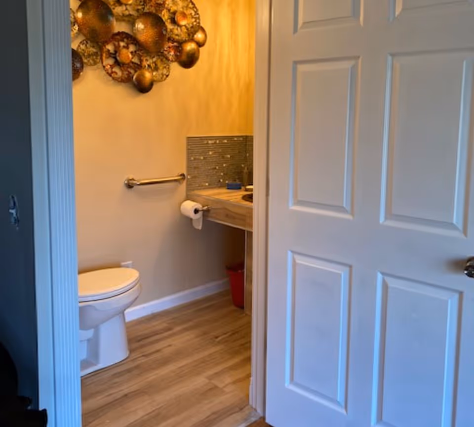View into a small bathroom with a white toilet, a wooden floor, a wall-mounted metal handrail, a countertop with a sink, and decorative circular wall art above the toilet. The bathroom door is partially open.