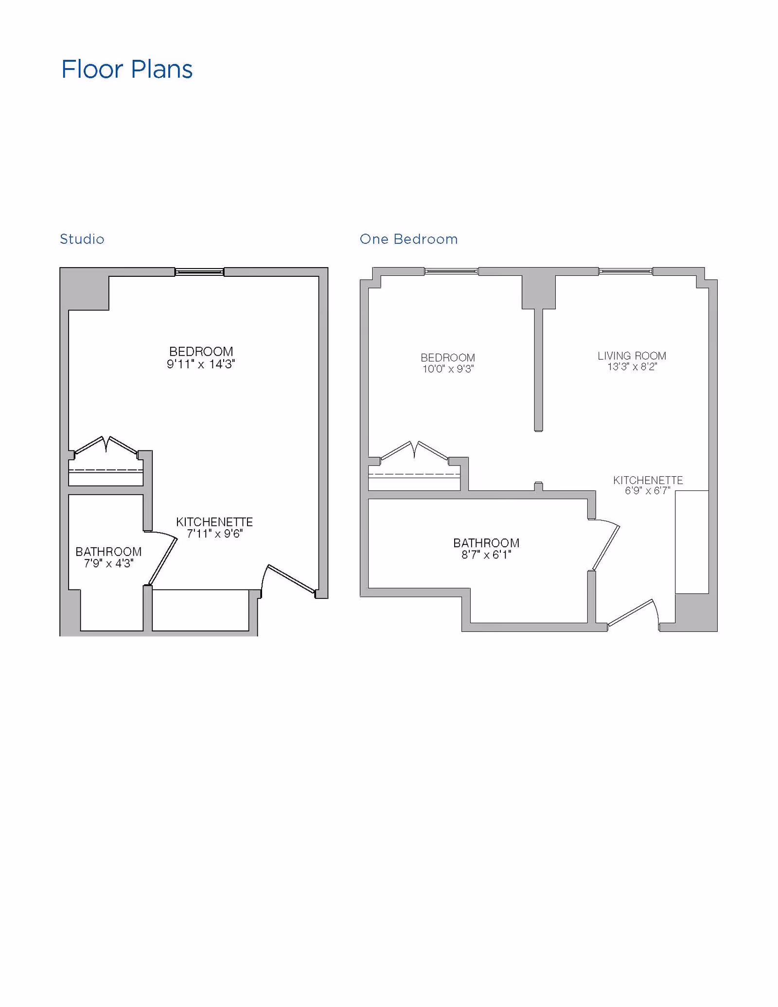 Floor plans for Brookdale Salem showing two layouts: a Studio with a bedroom, kitchenette, and bathroom, and a One Bedroom with a bedroom, living room, kitchenette, and bathroom.