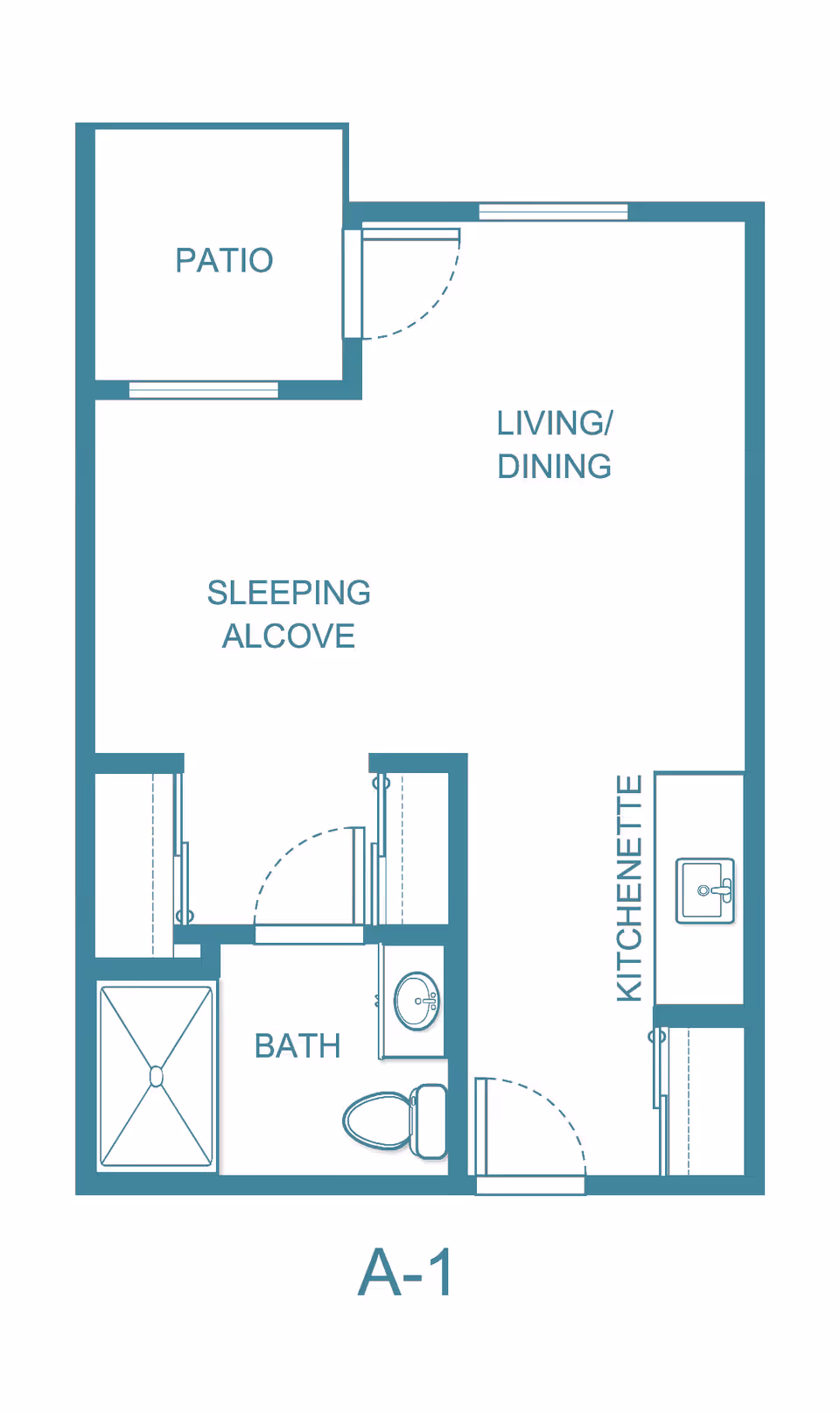 Floor plan layout of a senior living unit labeled A-1, featuring a patio, living/dining area, sleeping alcove, kitchenette, and bathroom with a shower, toilet, and sink.
