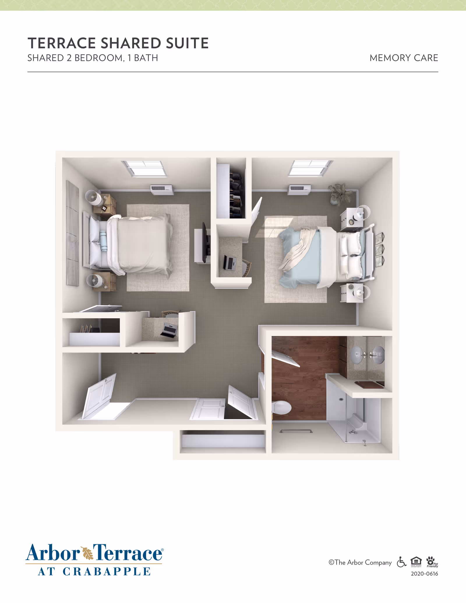 Floor plan of a Terrace Shared Suite memory care unit with two bedrooms and one bathroom. Each bedroom contains a bed, nightstands, and windows. The bathroom includes a shower, toilet, and double sink vanity. There is a small closet and a desk area between the bedrooms.